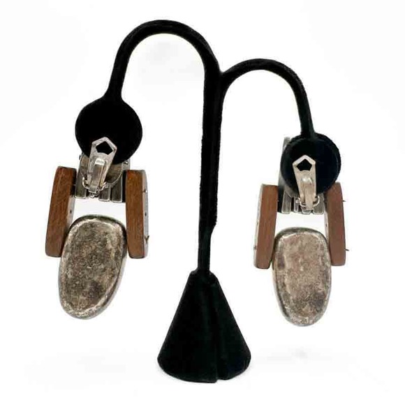 Vintage Modern Handmade Mask Clip On Earrings Pewter? Wood Tribal Easter Island - Picture 9 of 12